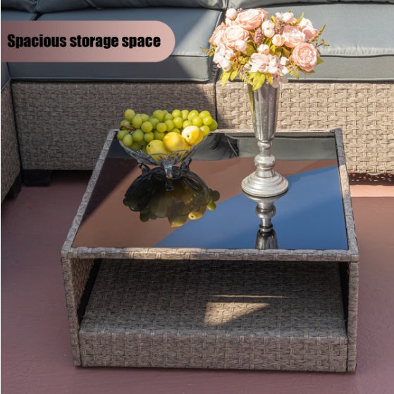 Luxury Outdoor Sectional Set - Storage Sofa & Glass Coffee Table - Wicker Patio Furniture - Complete 6-Piece Set with Hidden Storage