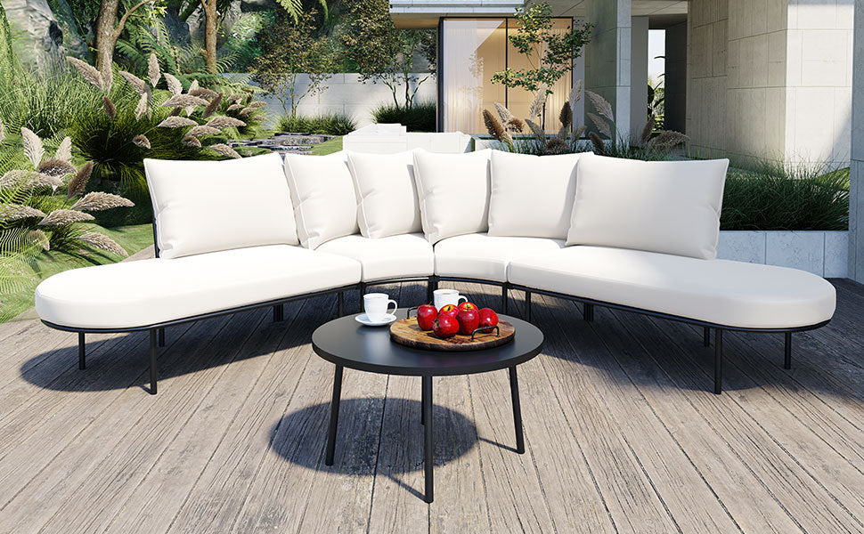 Modern White Outdoor Sectional Set - Black Metal Legs - Contemporary Patio Furniture - Round Coffee Table - Luxury Design