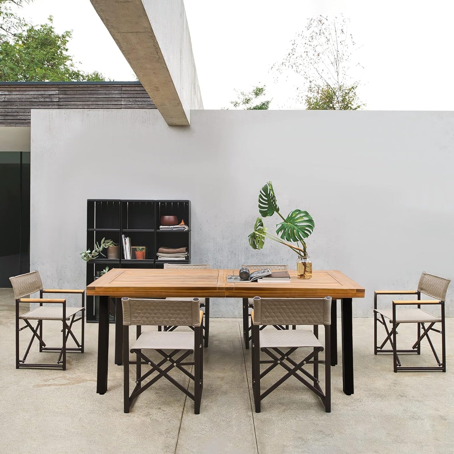 7-Piece Modern Dining Set - Solid Wood Table & 6 Leather Chairs - Industrial Style - Metal Legs - Complete Dining Room Furniture