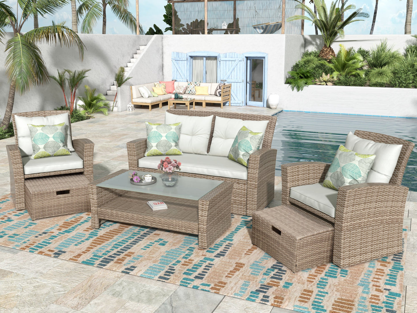 6-Piece Beige Outdoor Conversation Set - Wicker Patio Furniture - Storage Ottomans - Glass Coffee Table - Complete Set