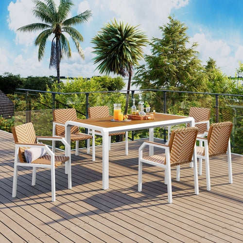 7-Piece Outdoor Dining Set - White Iron Frame - Wicker Chairs - Wood Top Table - Premium Patio Furniture