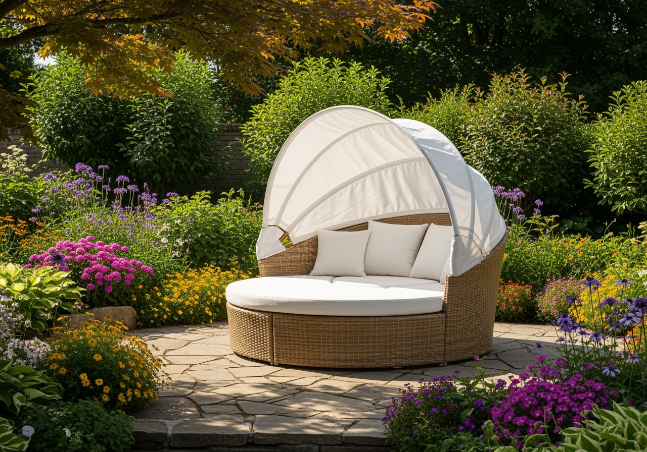 Luxury Outdoor Daybed with Canopy - Wicker Patio Furniture - Retractable Sunshade - Pool Lounger - Resort-Style Outdoor Furniture