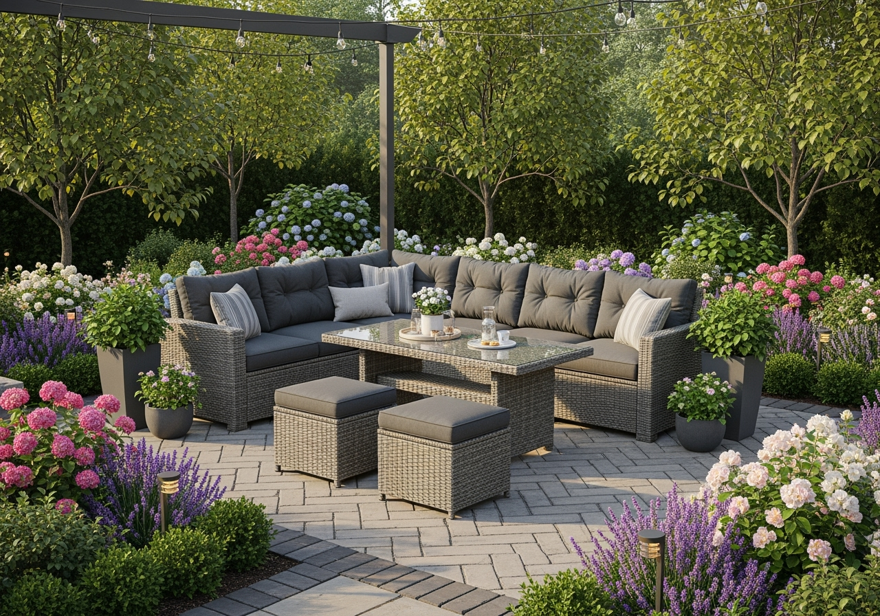 6-Piece Gray Wicker Outdoor Sectional Set - Dark Gray Cushions - Glass Coffee Table & Ottomans - Premium Patio Furniture