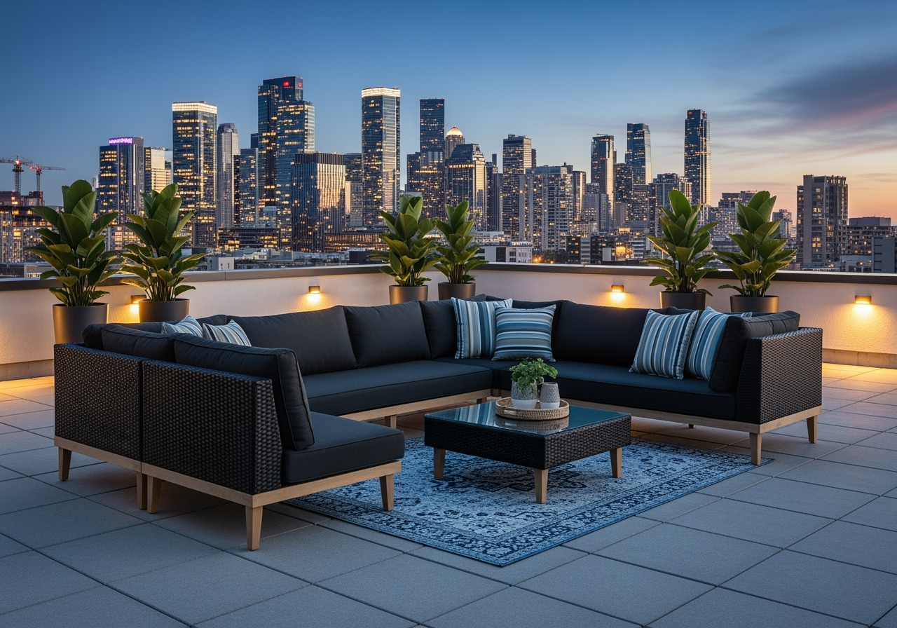 4-Piece L-Shaped Outdoor Sectional Set - Dark Gray Cushions - Black Wicker Wood Legs - Glass Coffee Table - Modern Design