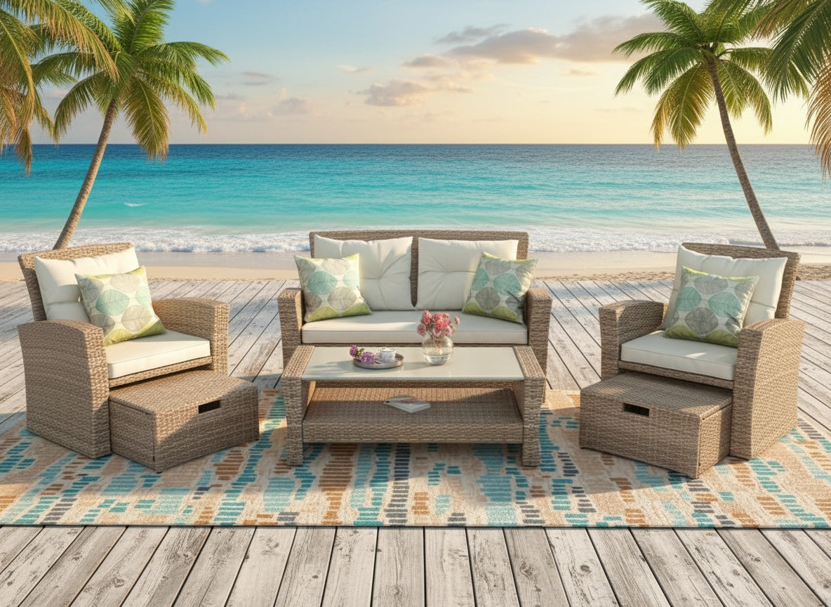 6-Piece Beige Outdoor Conversation Set - Wicker Patio Furniture - Storage Ottomans - Glass Coffee Table - Complete Set