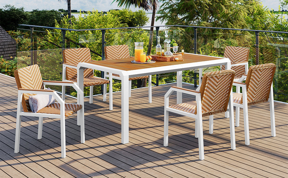 7-Piece Outdoor Dining Set - White Iron Frame - Wicker Chairs - Wood Top Table - Premium Patio Furniture