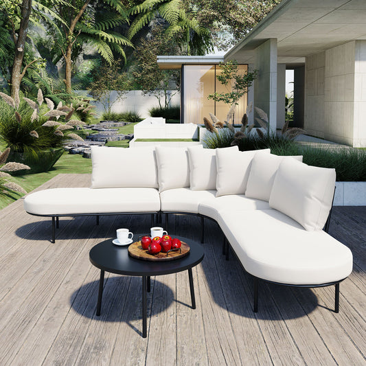 Modern White Outdoor Sectional Set - Black Metal Legs - Contemporary Patio Furniture - Round Coffee Table - Luxury Design