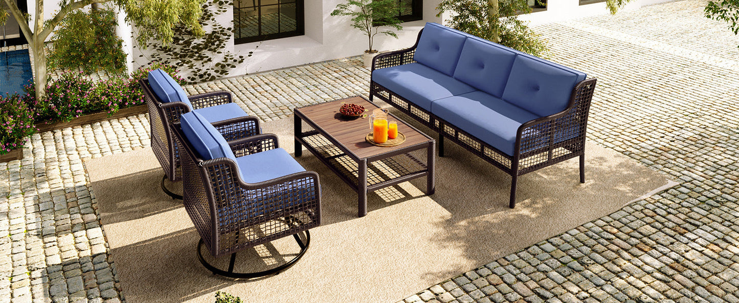 Premium 4-Piece Wicker Patio Set - Navy Blue Cushions - Swivel Chairs & Coffee Table - Luxury Outdoor Furniture Collection