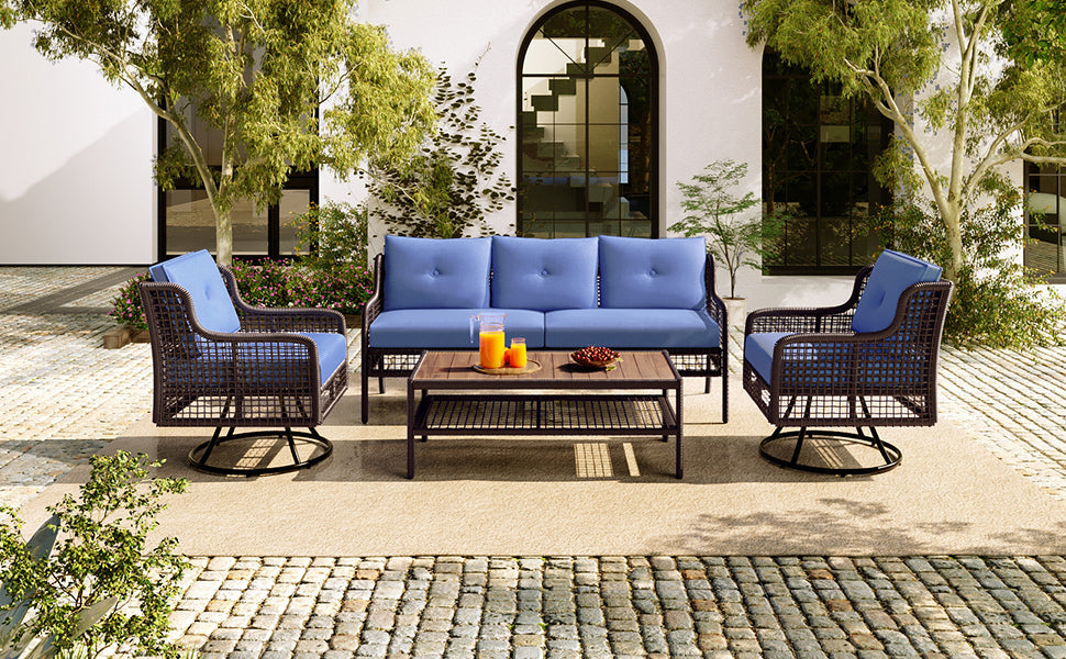 Premium 4-Piece Wicker Patio Set - Navy Blue Cushions - Swivel Chairs & Coffee Table - Luxury Outdoor Furniture Collection
