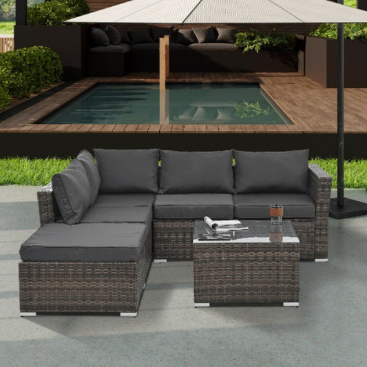 4-Piece Gray Outdoor Sectional Set - Dark Wicker Patio Furniture - Glass Coffee Table - Modern Luxury Design - Complete Set