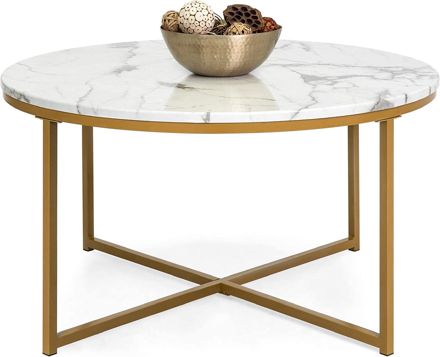 Luxury Marble Coffee Table - Gold Brass X-Legs - Round White Marble Top - Modern Living Room & Office Furniture - Premium Design