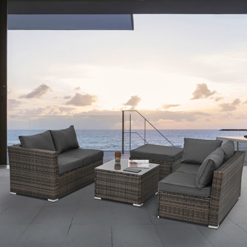 4-Piece Gray Outdoor Sectional Set - Dark Wicker Patio Furniture - Glass Coffee Table - Modern Luxury Design - Complete Set