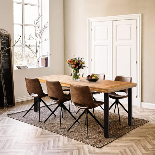 7-Piece Modern Dining Set - Solid Wood Table & 6 Leather Chairs - Industrial Style - Metal Legs - Complete Dining Room Furniture