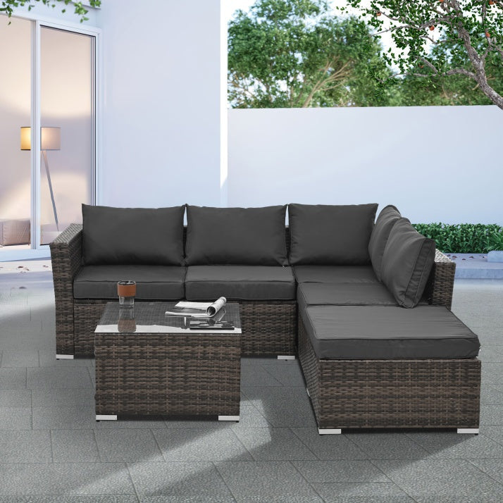 4-Piece Gray Outdoor Sectional Set - Dark Wicker Patio Furniture - Glass Coffee Table - Modern Luxury Design - Complete Set