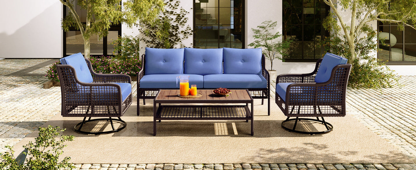 Premium 4-Piece Wicker Patio Set - Navy Blue Cushions - Swivel Chairs & Coffee Table - Luxury Outdoor Furniture Collection