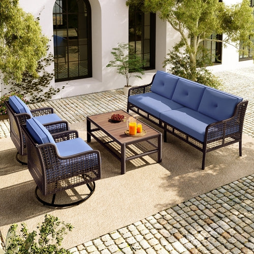 Premium 4-Piece Wicker Patio Set - Navy Blue Cushions - Swivel Chairs & Coffee Table - Luxury Outdoor Furniture Collection