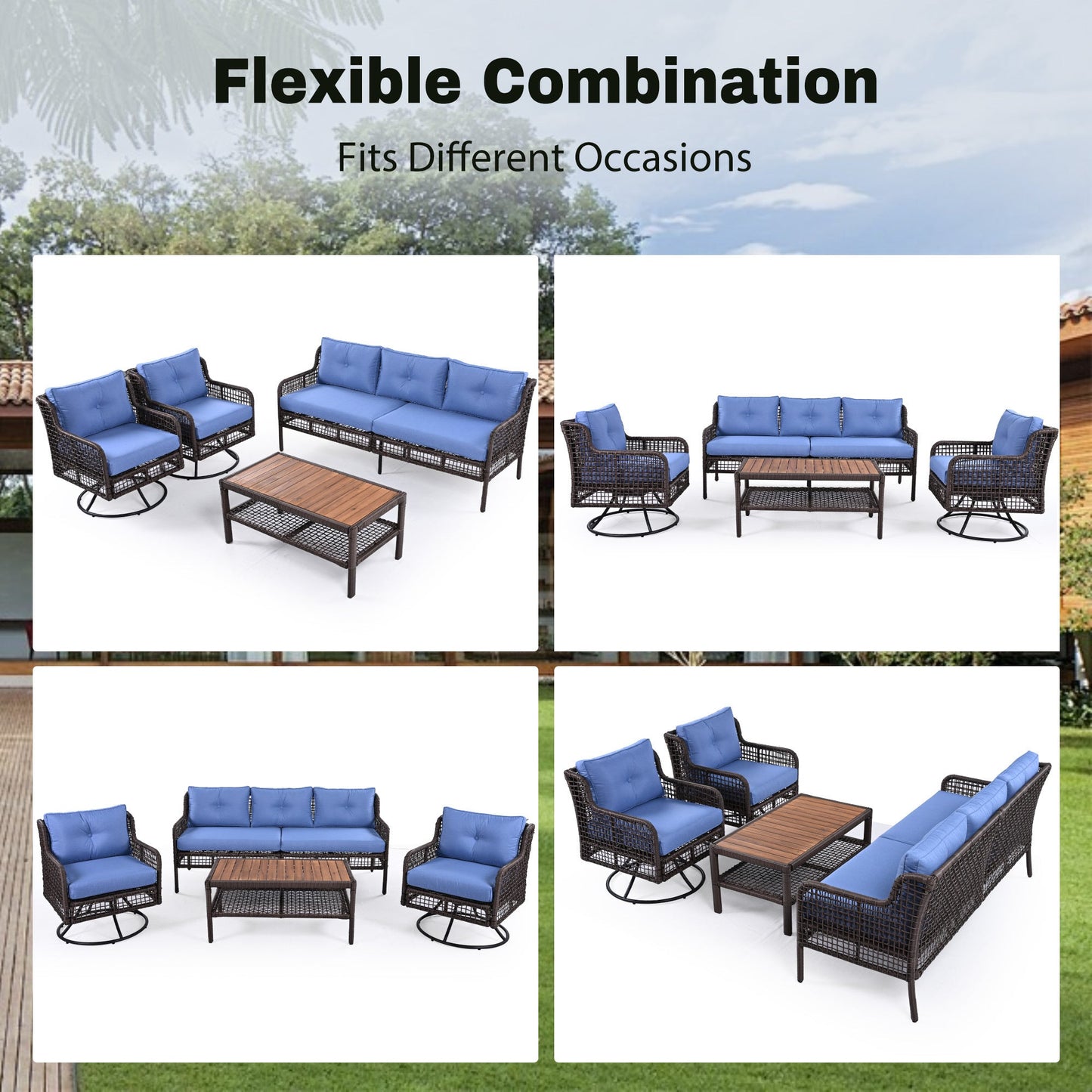 Premium 4-Piece Wicker Patio Set - Navy Blue Cushions - Swivel Chairs & Coffee Table - Luxury Outdoor Furniture Collection