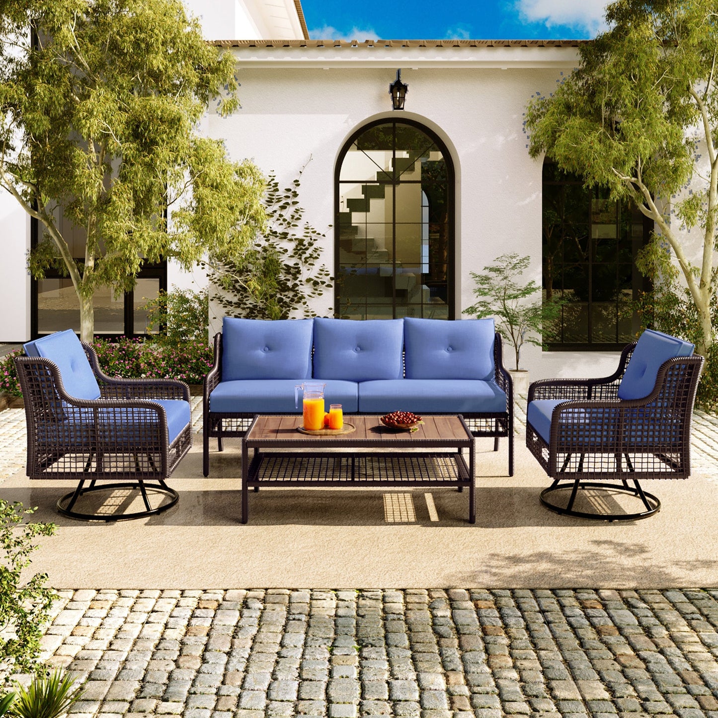 Premium 4-Piece Wicker Patio Set - Navy Blue Cushions - Swivel Chairs & Coffee Table - Luxury Outdoor Furniture Collection