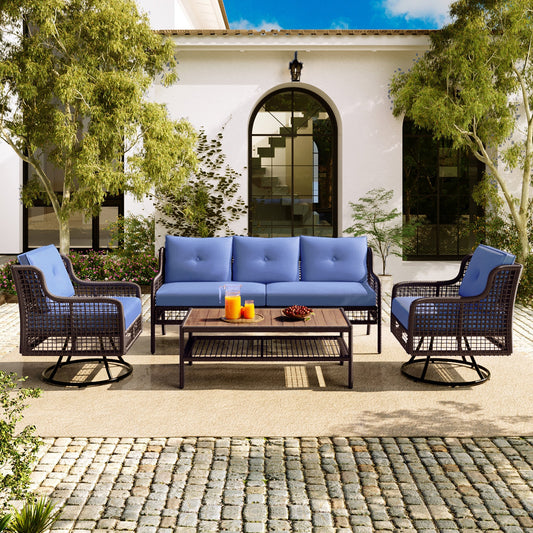 Premium 4-Piece Wicker Patio Set - Navy Blue Cushions - Swivel Chairs & Coffee Table - Luxury Outdoor Furniture Collection