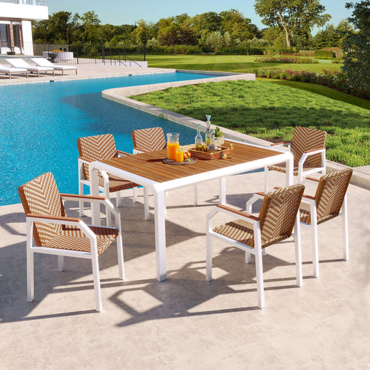 7-Piece Outdoor Dining Set - White Iron Frame - Wicker Chairs - Wood Top Table - Premium Patio Furniture