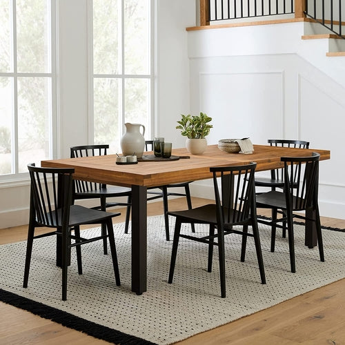 7-Piece Modern Dining Set - Solid Wood Table & 6 Leather Chairs - Industrial Style - Metal Legs - Complete Dining Room Furniture