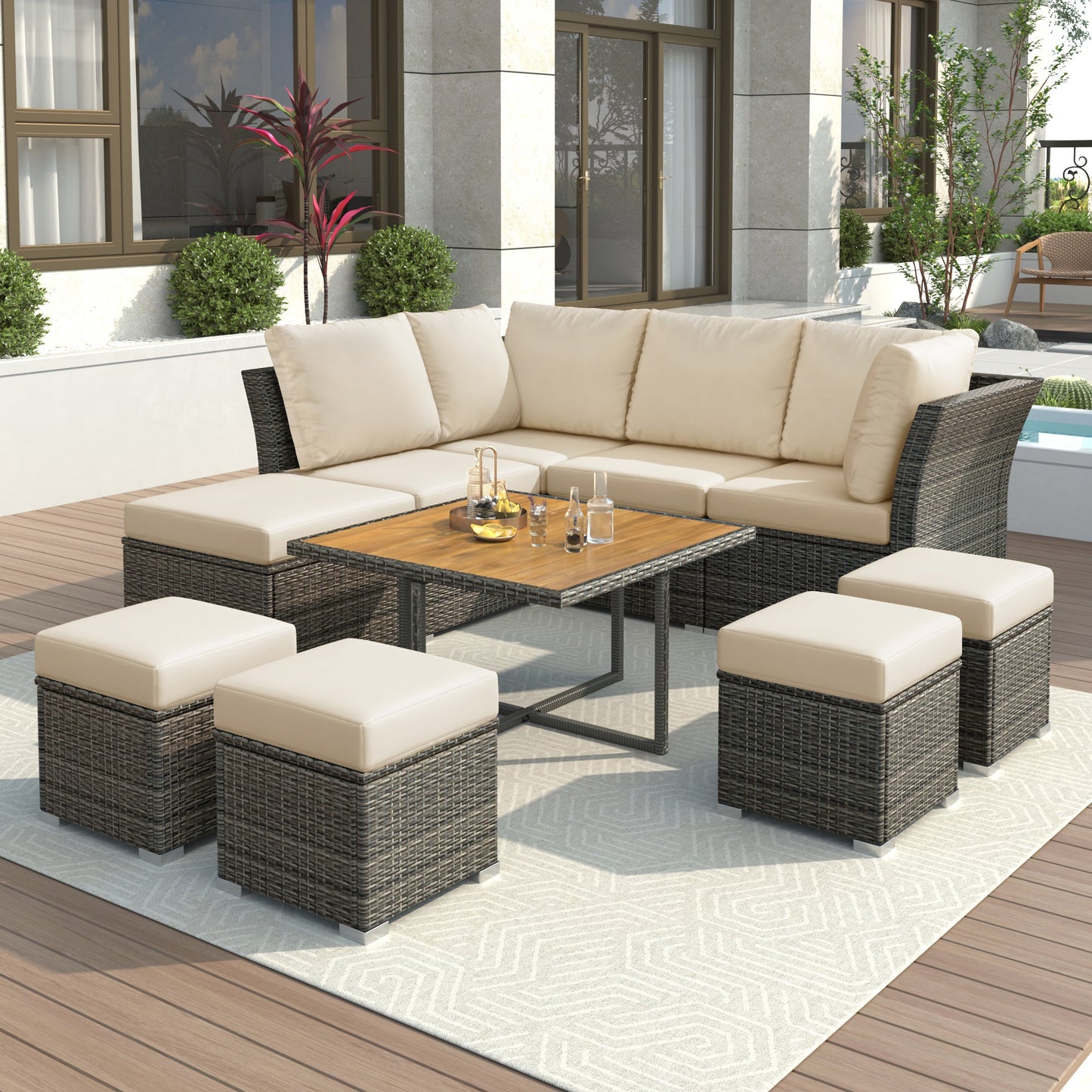 10-Piece Beige Outdoor Sectional Set - Dark Wicker Patio Furniture - Wood Coffee Table & Ottomans - Luxury Complete Set