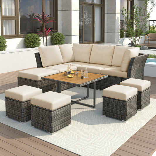 10-Piece Beige Outdoor Sectional Set - Dark Wicker Patio Furniture - Wood Coffee Table & Ottomans - Luxury Complete Set