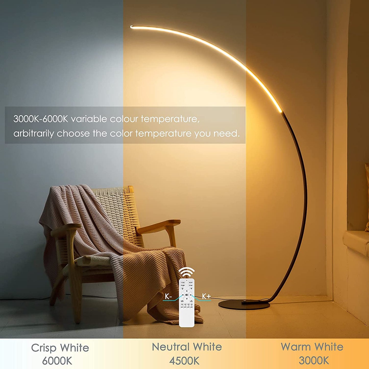 Smart LED Arc Floor Lamp - Remote Control - Adjustable Color Temperature 3000K-6000K - Modern Curved Standing Light - Dimmable
