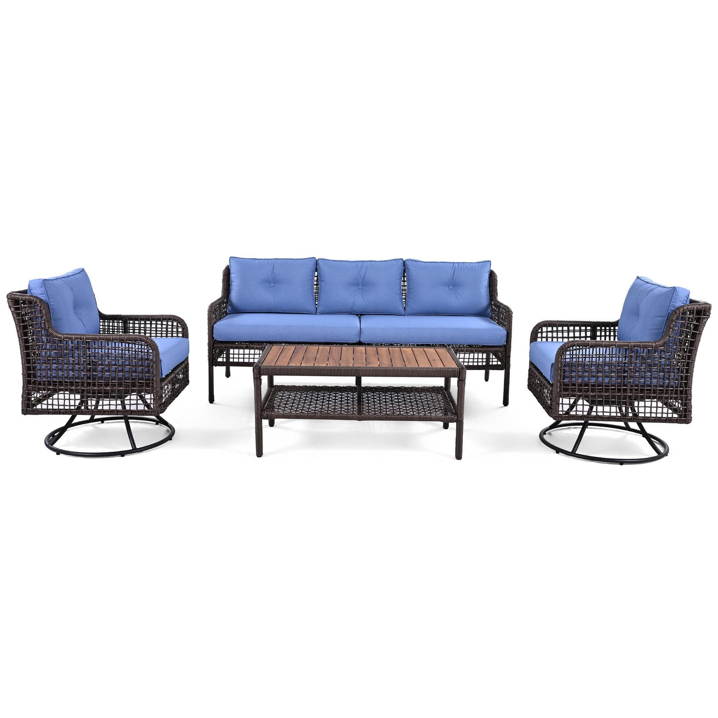 Premium 4-Piece Wicker Patio Set - Navy Blue Cushions - Swivel Chairs & Coffee Table - Luxury Outdoor Furniture Collection