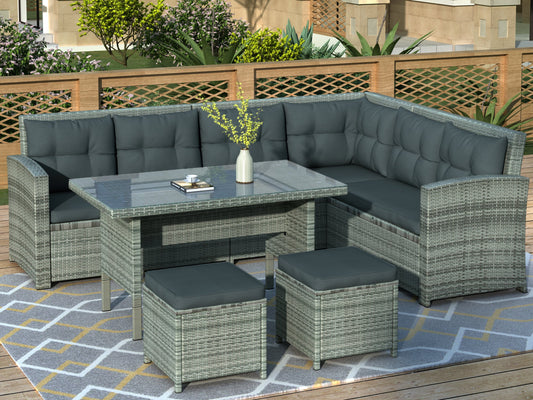 6-Piece Gray Wicker Outdoor Sectional Set - Dark Gray Cushions - Glass Coffee Table & Ottomans - Premium Patio Furniture