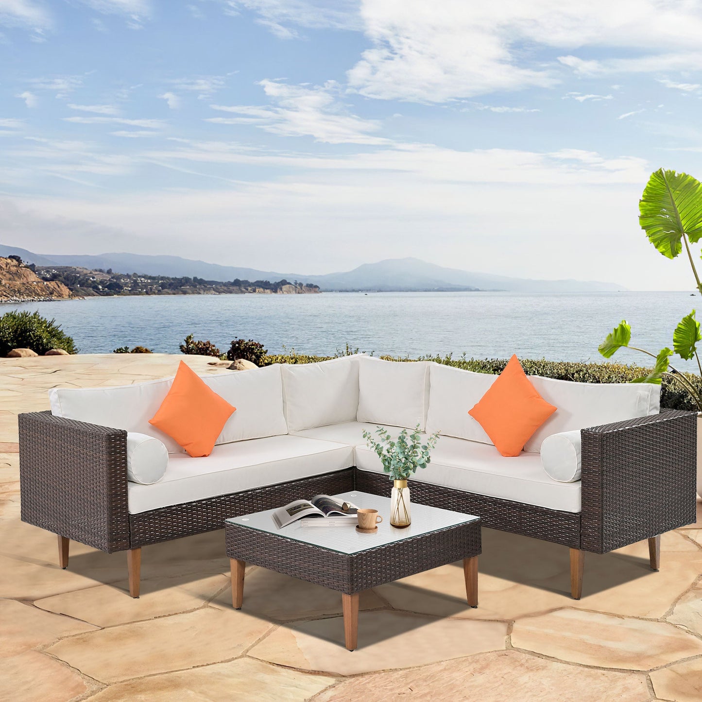 Mid-Century Modern Outdoor Sectional Set - Dark Wicker & Wood Legs - 4-Piece Patio Furniture - Glass Coffee Table - Premium Design