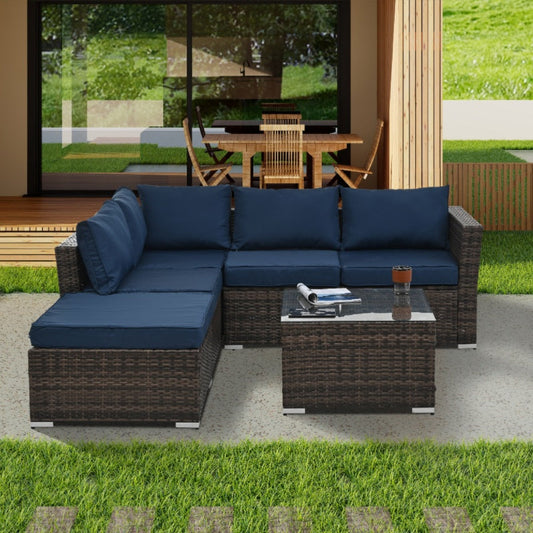 4-Piece Navy Blue Outdoor Sectional Set - Dark Wicker Patio Furniture - Glass Coffee Table - Premium Modern Design