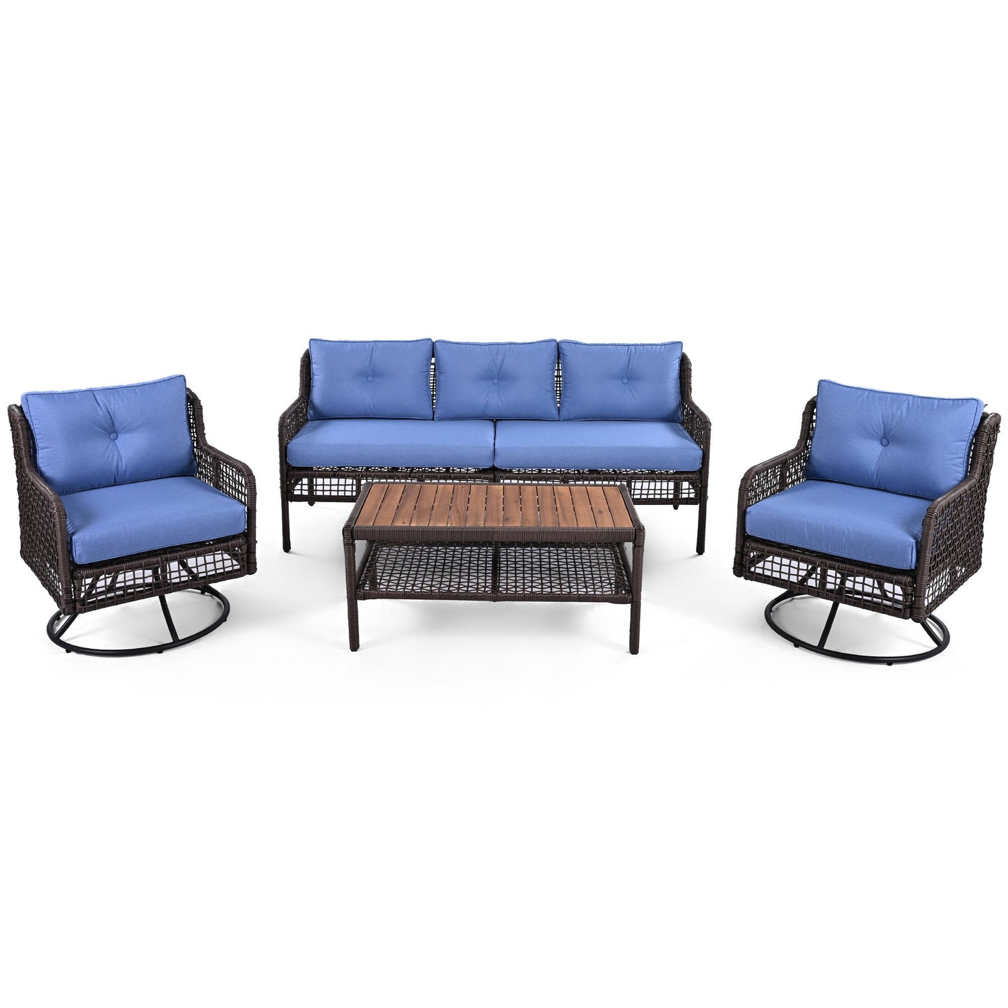 Premium 4-Piece Wicker Patio Set - Navy Blue Cushions - Swivel Chairs & Coffee Table - Luxury Outdoor Furniture Collection
