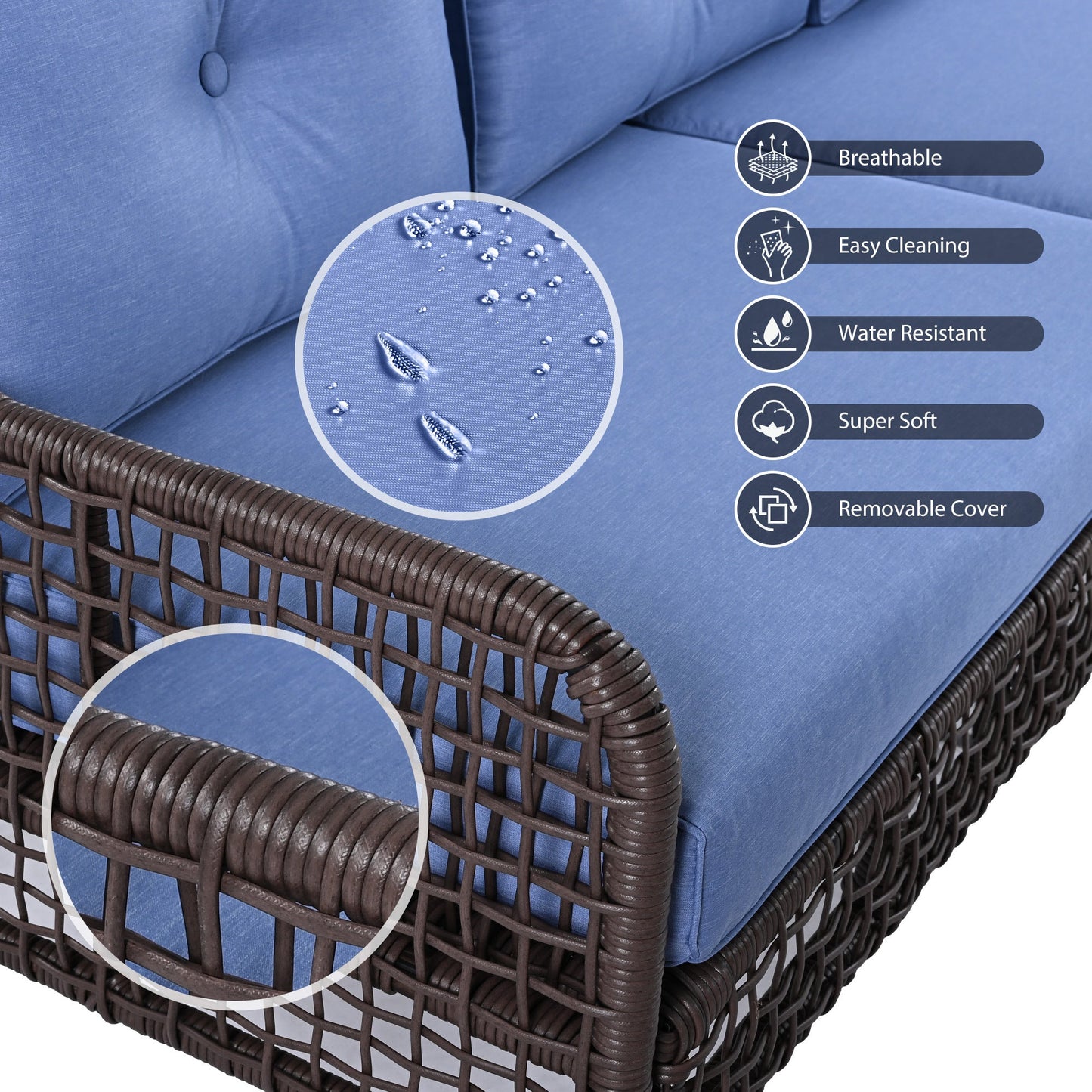 Premium 4-Piece Wicker Patio Set - Navy Blue Cushions - Swivel Chairs & Coffee Table - Luxury Outdoor Furniture Collection