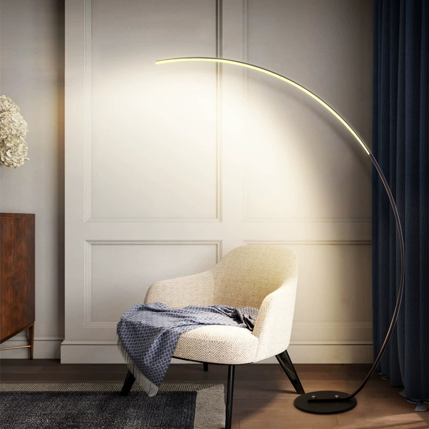 Smart LED Arc Floor Lamp - Remote Control - Adjustable Color Temperature 3000K-6000K - Modern Curved Standing Light - Dimmable