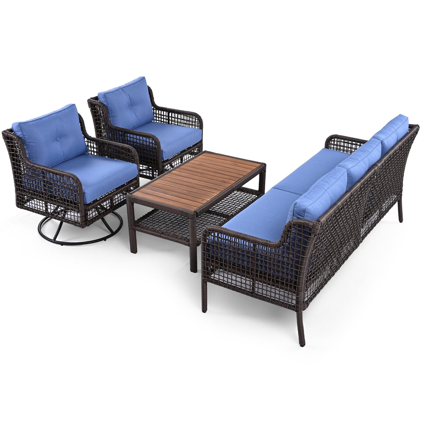 Premium 4-Piece Wicker Patio Set - Navy Blue Cushions - Swivel Chairs & Coffee Table - Luxury Outdoor Furniture Collection