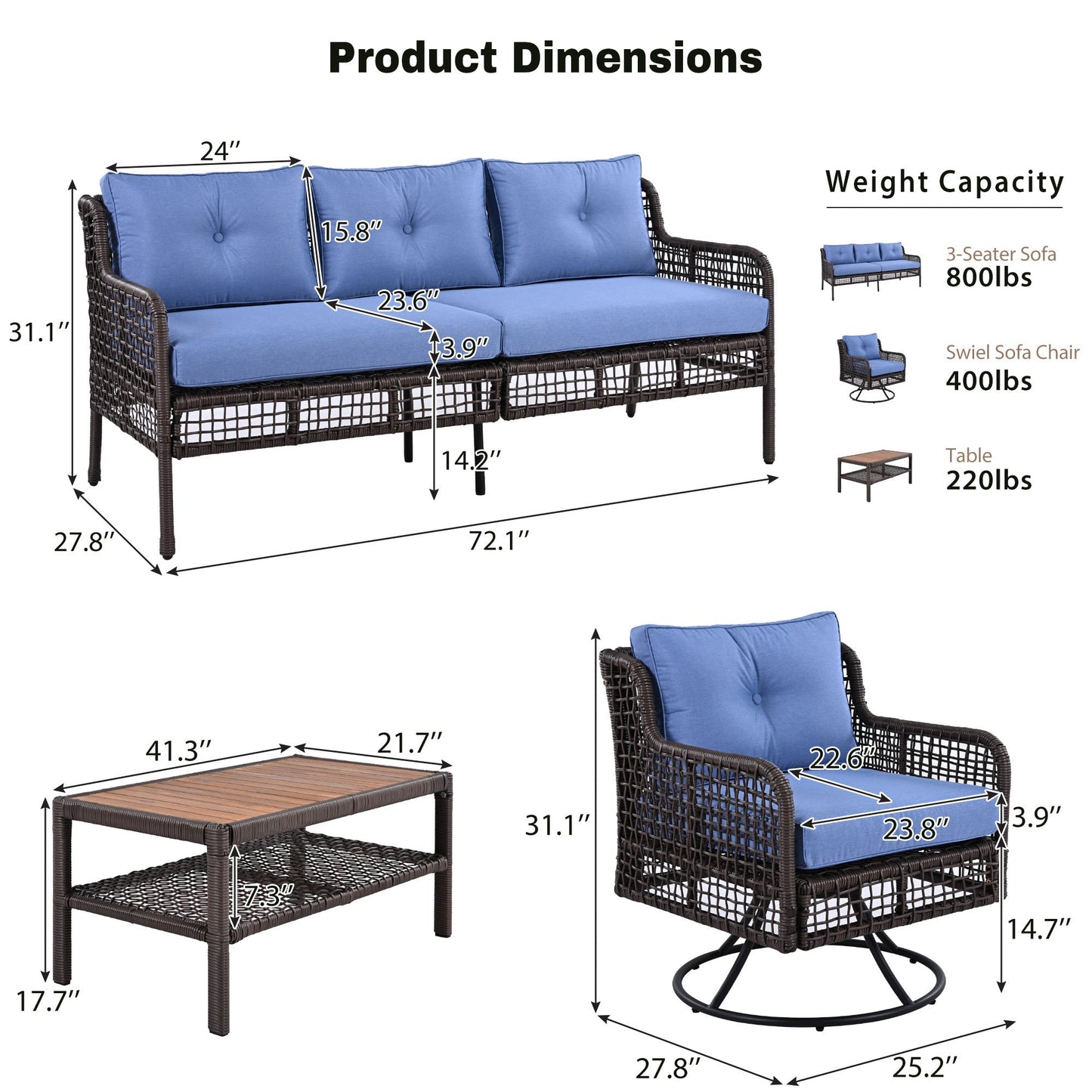 Premium 4-Piece Wicker Patio Set - Navy Blue Cushions - Swivel Chairs & Coffee Table - Luxury Outdoor Furniture Collection