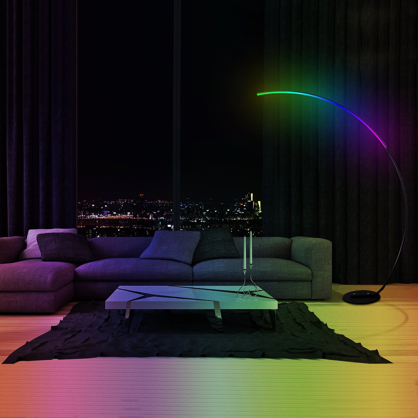 Smart LED Arc Floor Lamp - Remote Control - Adjustable Color Temperature 3000K-6000K - Modern Curved Standing Light - Dimmable