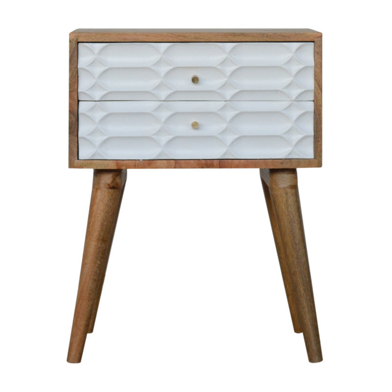 Mid-Century Modern Nightstand - White Geometric Pattern - 2 Drawer Bedside Table - Solid Wood Legs - Handcrafted Accent Furniture