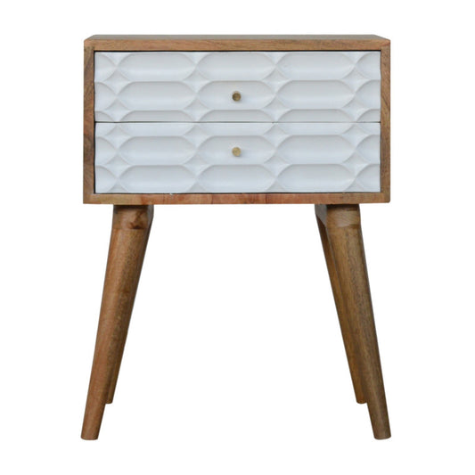 Mid-Century Modern Nightstand - White Geometric Pattern - 2 Drawer Bedside Table - Solid Wood Legs - Handcrafted Accent Furniture