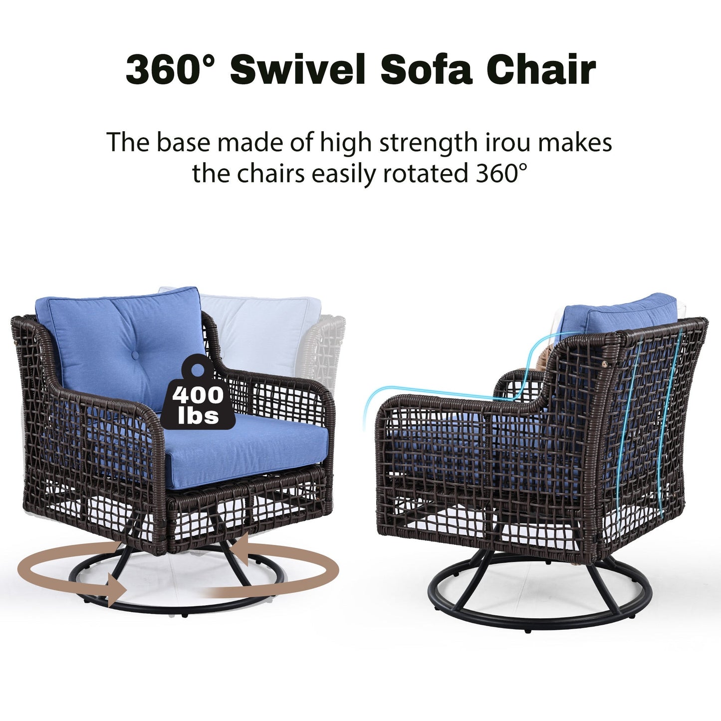 Premium 4-Piece Wicker Patio Set - Navy Blue Cushions - Swivel Chairs & Coffee Table - Luxury Outdoor Furniture Collection