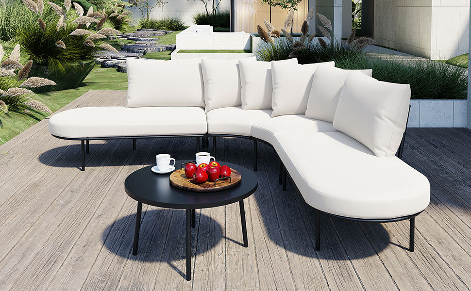 Modern White Outdoor Sectional Set - Black Metal Legs - Contemporary Patio Furniture - Round Coffee Table - Luxury Design