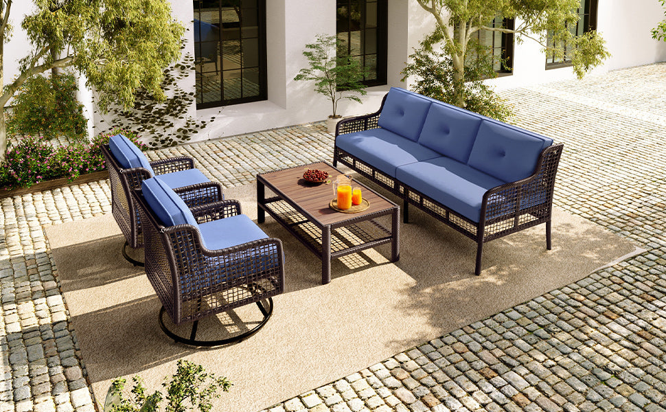 Premium 4-Piece Wicker Patio Set - Navy Blue Cushions - Swivel Chairs & Coffee Table - Luxury Outdoor Furniture Collection