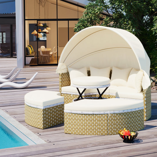Luxury Outdoor Daybed with Canopy - Wicker Patio Furniture - Retractable Sunshade - Pool Lounger - Resort-Style Outdoor Furniture