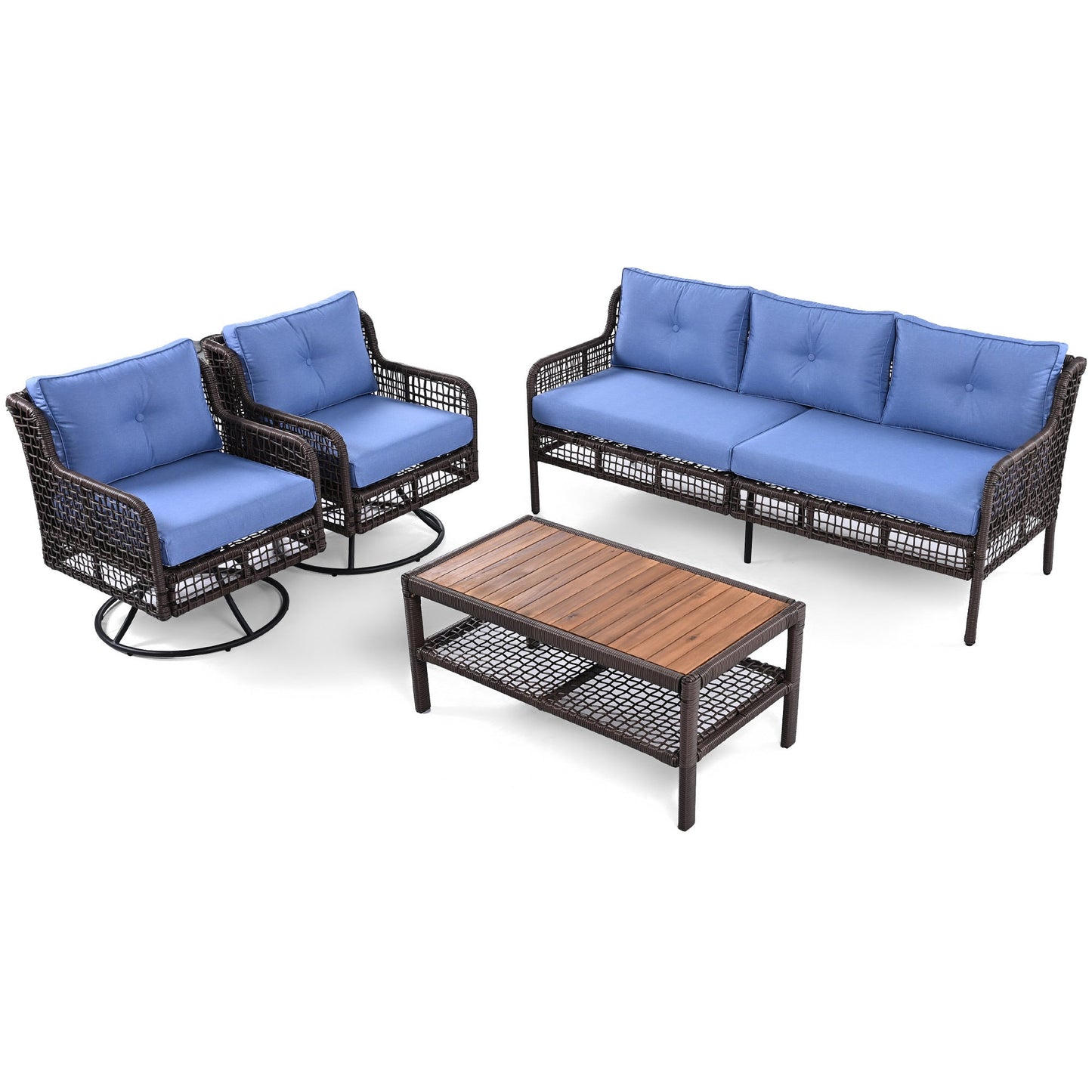 Premium 4-Piece Wicker Patio Set - Navy Blue Cushions - Swivel Chairs & Coffee Table - Luxury Outdoor Furniture Collection