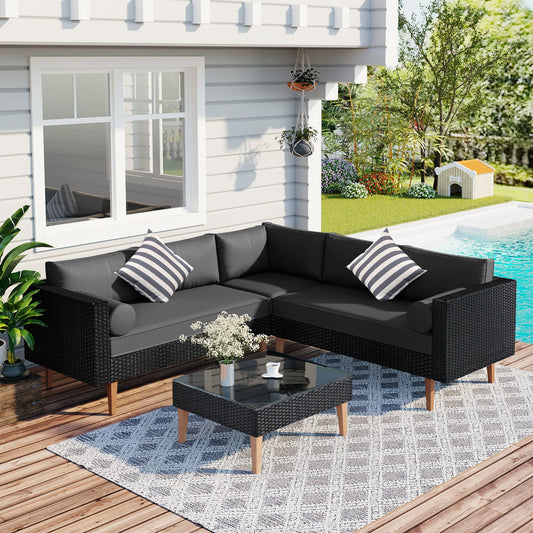 4-Piece L-Shaped Outdoor Sectional Set - Dark Gray Cushions - Black Wicker Wood Legs - Glass Coffee Table - Modern Design