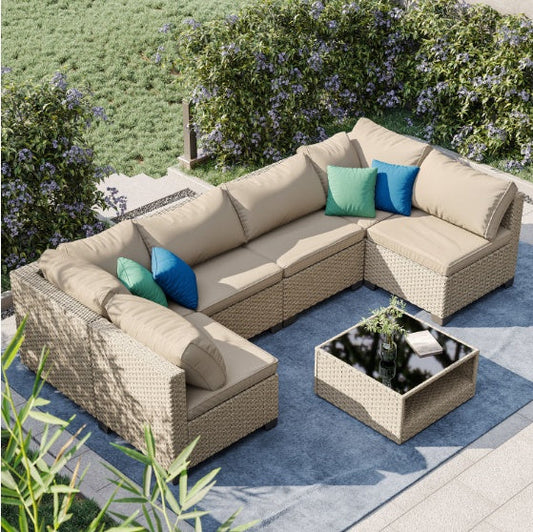 Luxury Outdoor Sectional Set - Storage Sofa & Glass Coffee Table - Wicker Patio Furniture - Complete 6-Piece Set with Hidden Storage