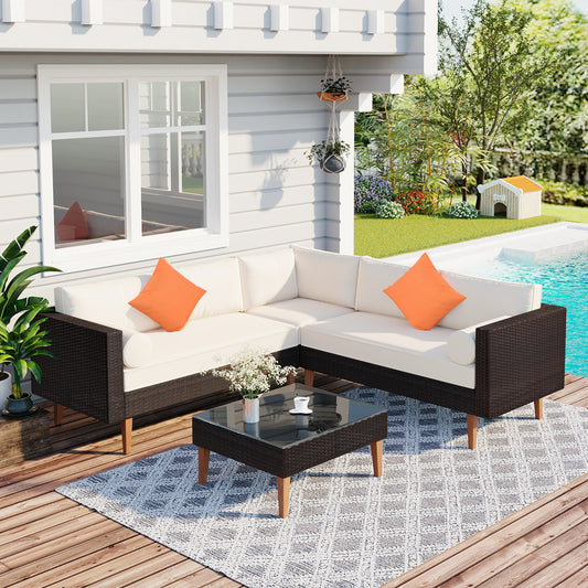 Mid-Century Modern Outdoor Sectional Set - Dark Wicker & Wood Legs - 4-Piece Patio Furniture - Glass Coffee Table - Premium Design
