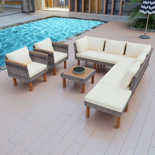 9-Piece Teak Wood Outdoor Sectional Set - Gray Wicker & White Cushions - Premium Patio Furniture - Complete Poolside Collection