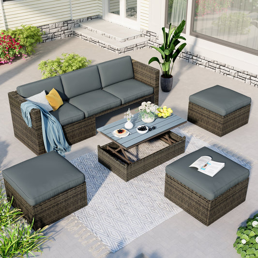 6-Piece Gray Outdoor Sectional Set - Brown Wicker - Lift-Top Coffee Table & Ottomans - Premium Patio Furniture